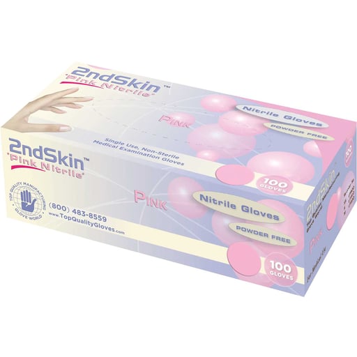 2ndSkin Nitrile Exam Gloves, Powder Free, Medium, Pink, 100/Box, Case of 10. BPA (Bisphenol A)