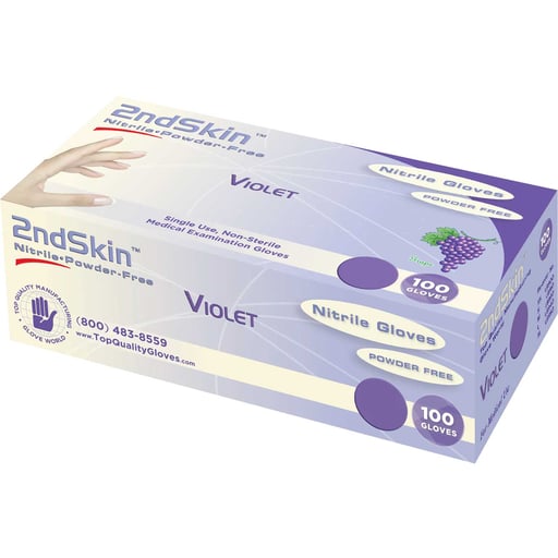 2ndSkin Nitrile Exam Gloves, Powder Free, Medium, Violet, 100/Box. BPA (Bisphenol A) free