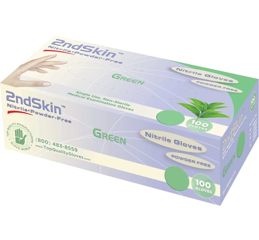 2ndSkin Nitrile Exam Gloves, Powder Free, Large, Green, 100/Box. BPA (Bisphenol A) free