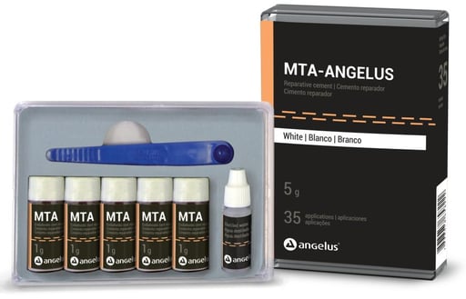 MTA Angelus White 5g Reparative Cement: 5 x 1g. Vials, 3ml Distilled Water and Measuring Scoop